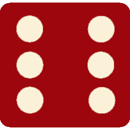 Red dice showing six white dots arranged in two columns of three, representing Player 1's roll